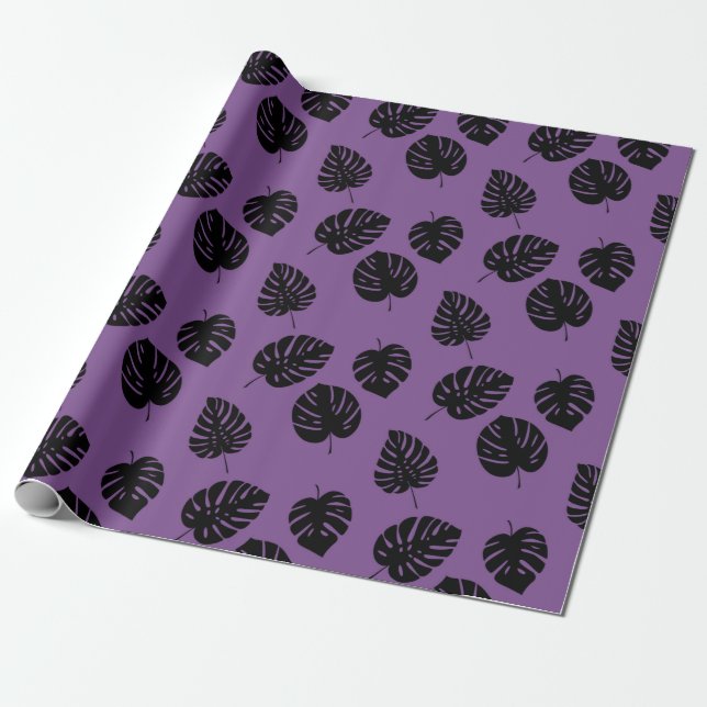 Black Tropical Palm Leaves Violet Summer Pattern Wrapping Paper (Unrolled)