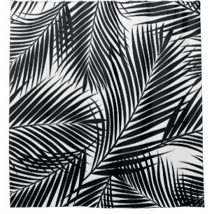 Black tropical palm leaves, white background shower curtain