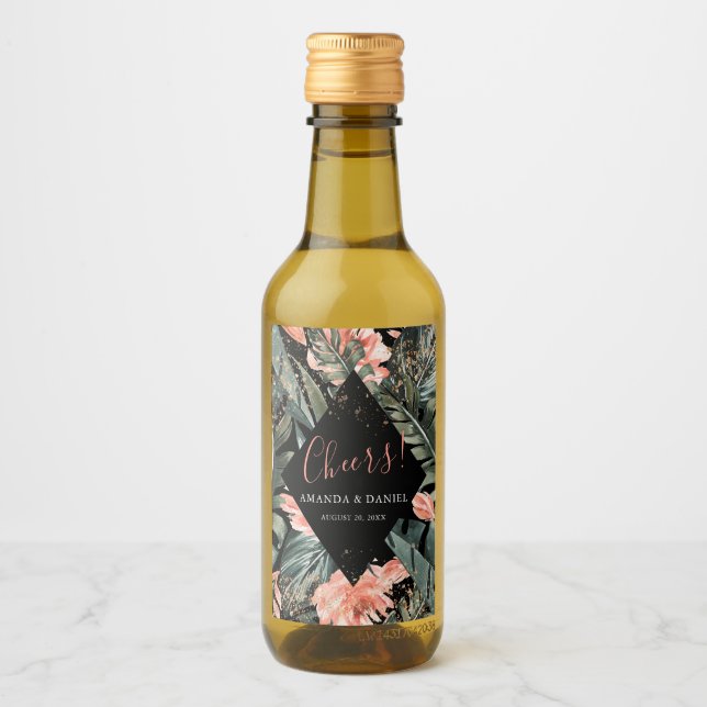 Black Tropical Palm Wedding Mini Wine Bottle Label (Front)