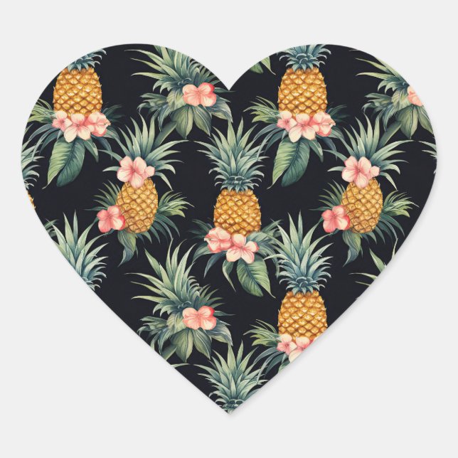 Black Tropical Pink Flowers and Pineapples Heart Sticker (Front)