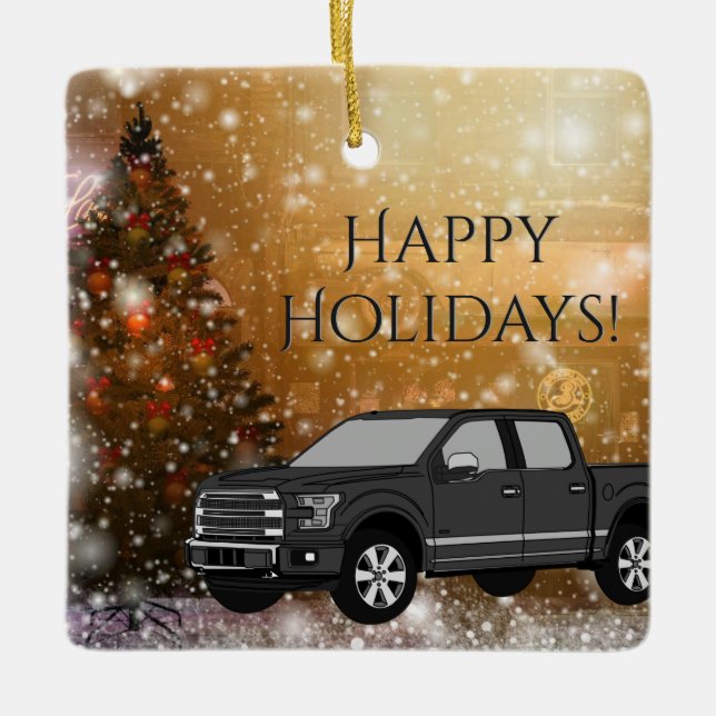 Black Truck in Christmas Winter Snow Scene Ceramic Ornament (Front)