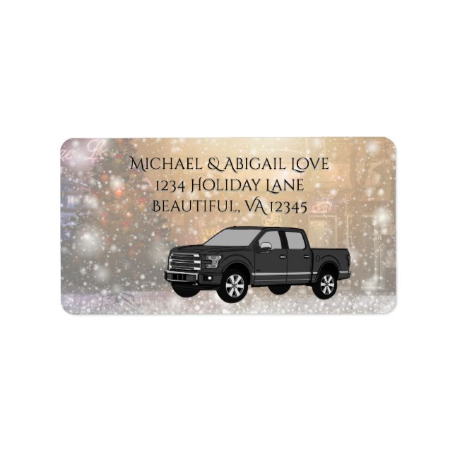Black Truck in Christmas Winter Snow Scene Label (Front)