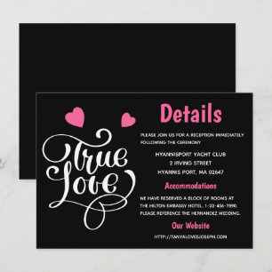 Black True Love Pink Hearts Wedding Details Invitation