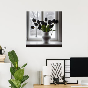 Black Tulips In White Vase Beside Frosty Window, Poster