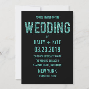 Black & Turquois Glitter Typography Wedding Invite