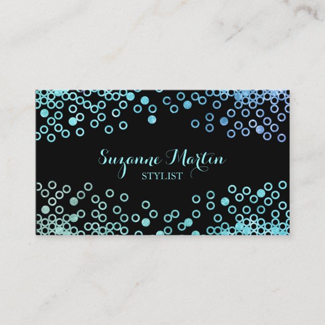 Black & Turquoise Aqua Metal Glitter Shiny Dots Business Card (Front)