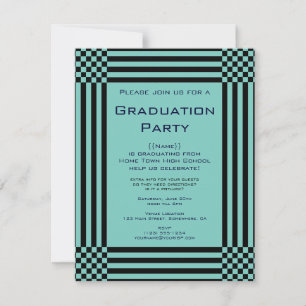 Black Turquoise Checkers Stripes Graduation Party Invitation