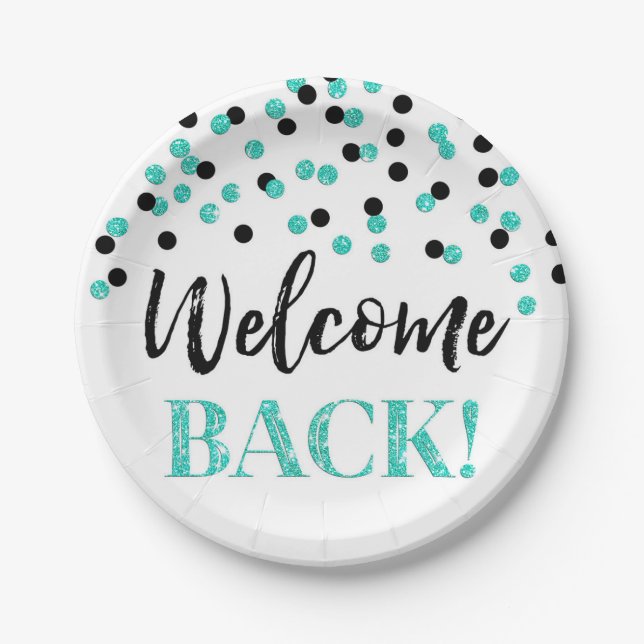 Black Turquoise Confetti Welcome Back Paper Plates (Front)