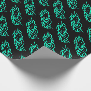 Black Turquoise Cute Unicorn Pattern Magical Wrapping Paper