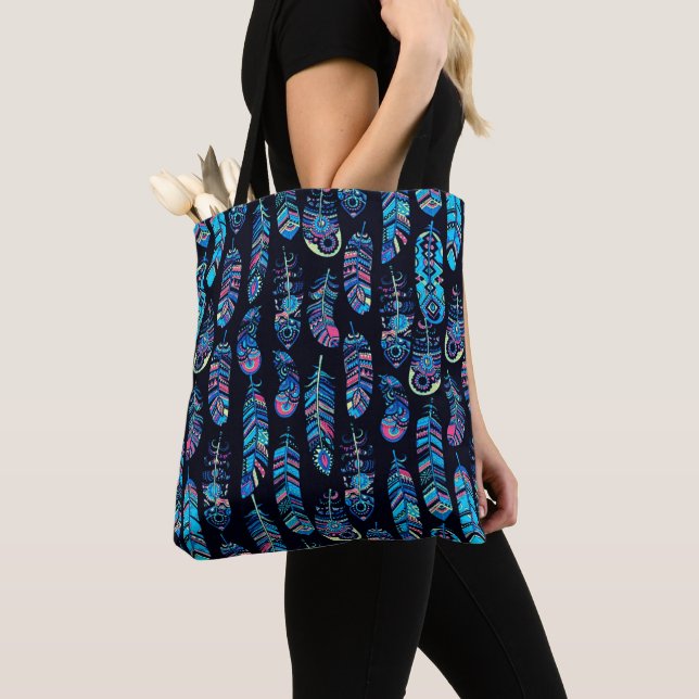 Black & Turquoise Feather Pattern Tote Bag (Close Up)