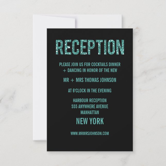 Black Turquoise Glitter Reception Enclosure Cards (Front)