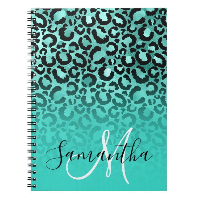Black Turquoise Leopard Spots Ombre Monogram Notebook (Front)