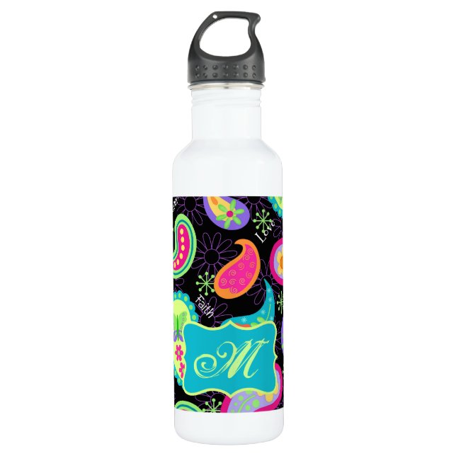 Black Turquoise Modern Paisley Pattern Monogram 710 Ml Water Bottle (Front)