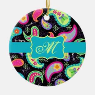 Black Turquoise Modern Paisley Pattern Monogram Ceramic Tree Decoration