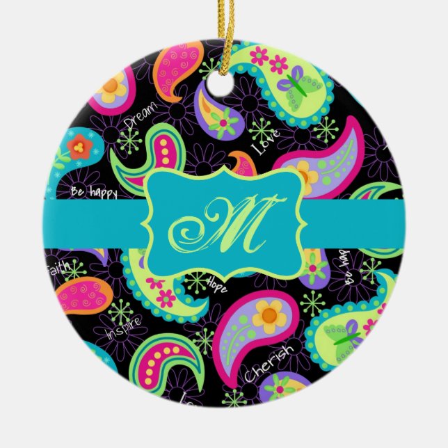 Black Turquoise Modern Paisley Pattern Monogram Ceramic Tree Decoration (Front)