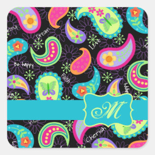 Black Turquoise Modern Paisley Pattern Monogram Square Sticker