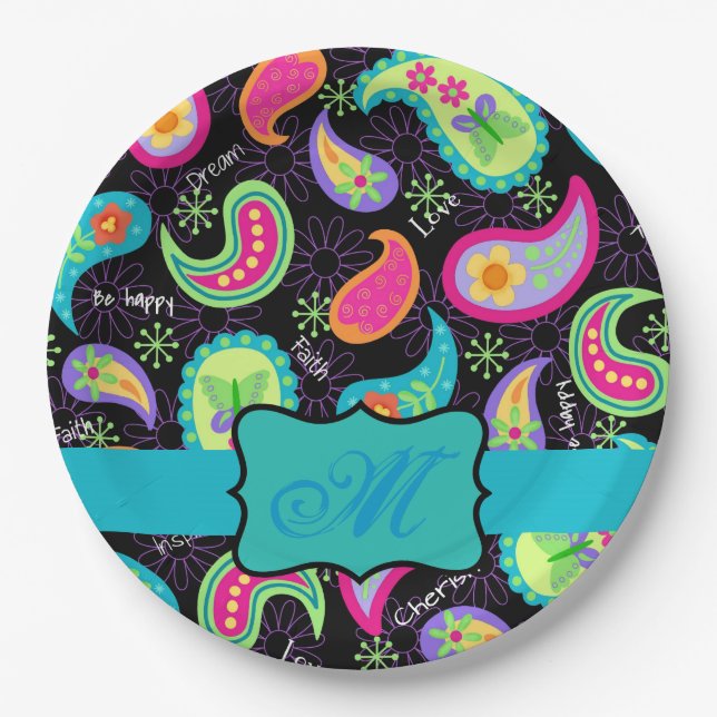 Black Turquoise Monogram Personalised Mod Paisley Paper Plate (Front)