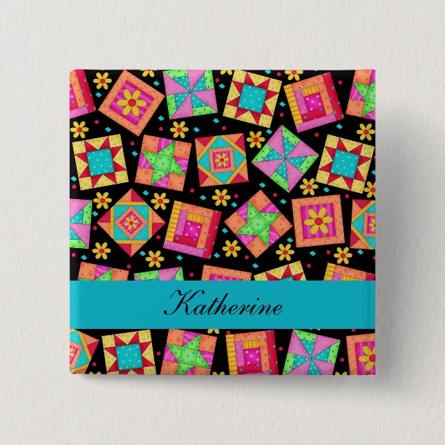 Black Turquoise Patchwork Quilt Blocks Name Badge (Front)