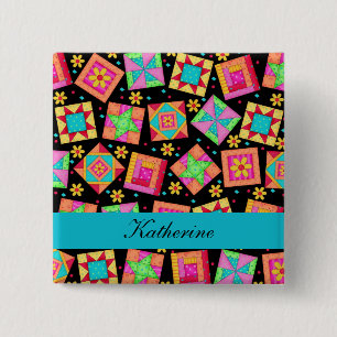 Black Turquoise Patchwork Quilt Blocks Name Badge