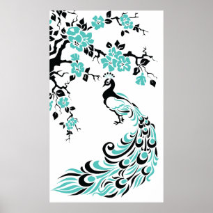 Black turquoise peacock and cherry blossoms poster