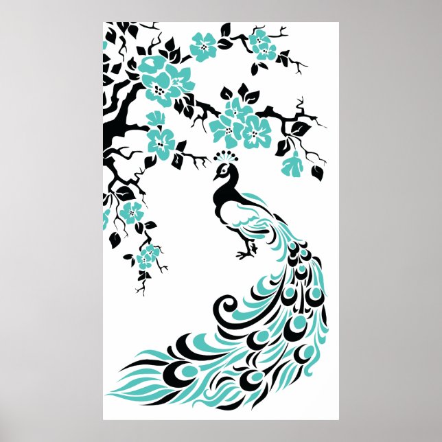 Black turquoise peacock and cherry blossoms poster (Front)