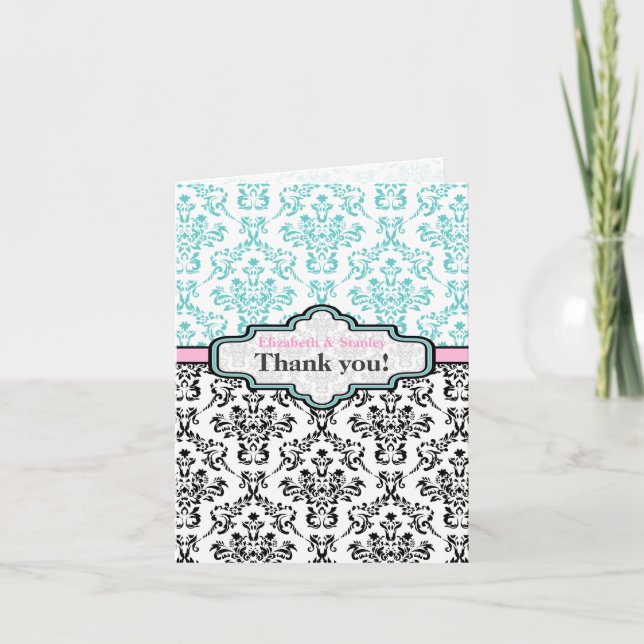 Black turquoise pink damask wedding Thank You Card (Front)
