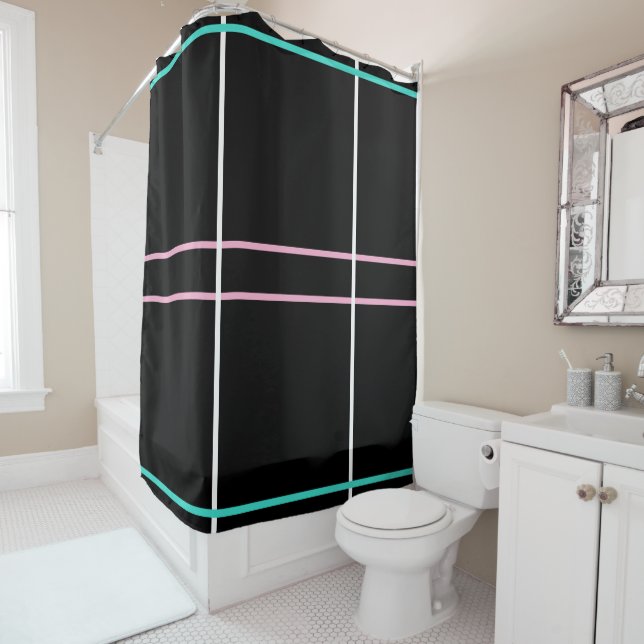 Black Turquoise Pink Geometric Stripes Shower Curtain (In Situ)
