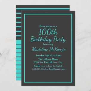 Black Turquoise Striped 100th Birthday Party Invitation