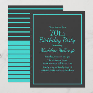 Black Turquoise Striped 70th Birthday Party Invitation