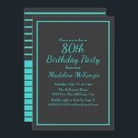 Black Turquoise Striped 80th Birthday Party Invitation<br><div class="desc">Celebrate an extraordinary milestone with this elegant 80th birthday party invitation, featuring a deep charcoal background paired with vibrant aqua typography for a timeless yet striking look. A refined double-line border frames the design, while graceful script lettering balanced with clean serif text creates a sophisticated and polished style. Perfect for...</div>