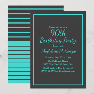 Black Turquoise Striped 90th Birthday Party Invitation