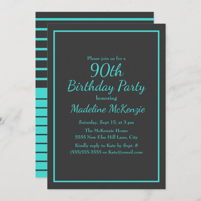 Black Turquoise Striped 90th Birthday Party Invitation (Front/Back)