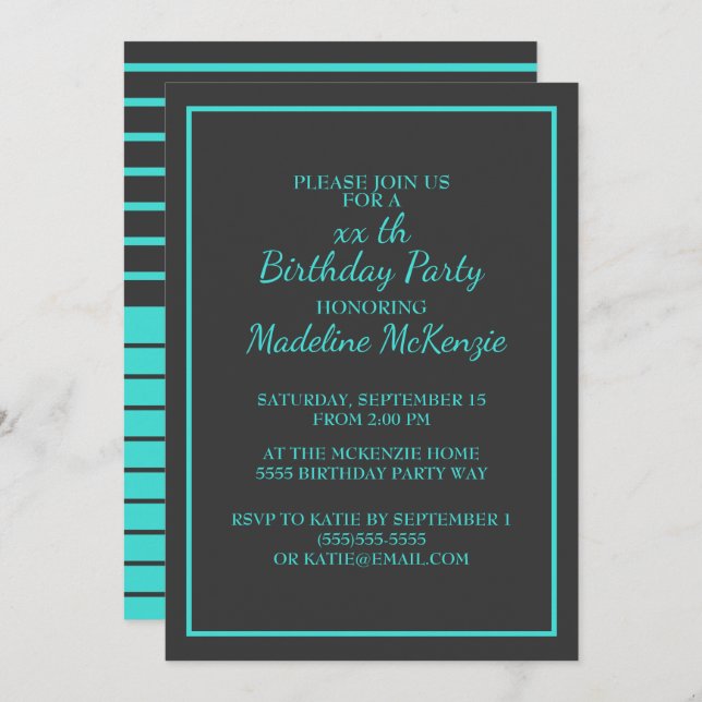 Black Turquoise Striped Birthday Party Invite (Front/Back)