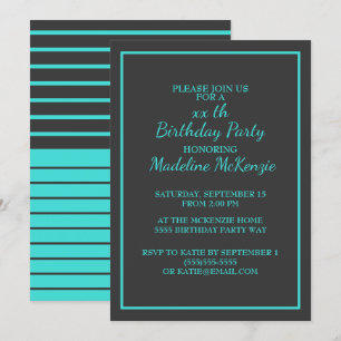 Black Turquoise Striped Birthday Party Invite