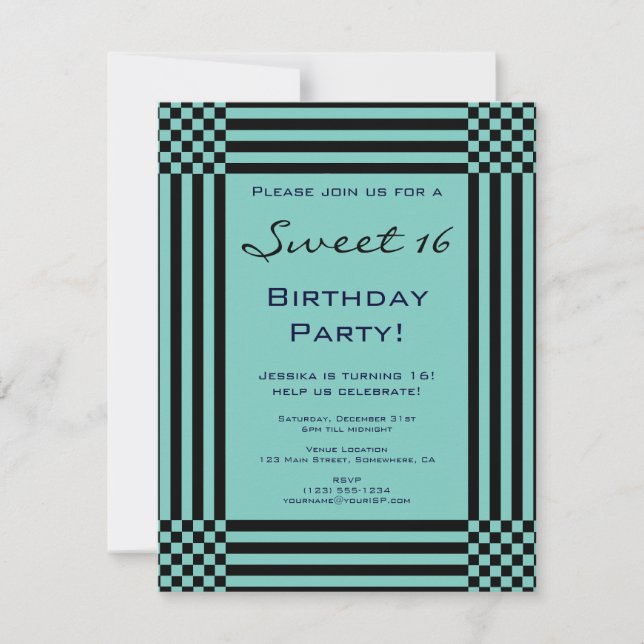 Black Turquoise Stripes Sweet 16 Birthday Party Invitation (Front)
