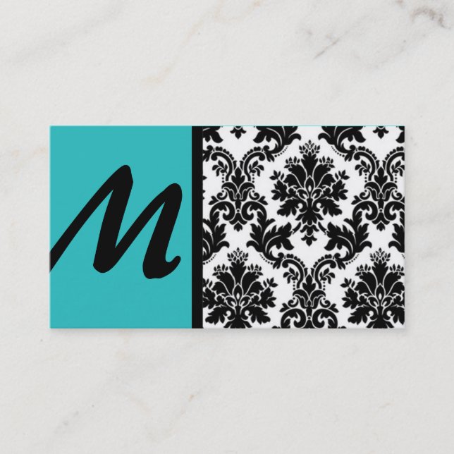 Black Turquoise Teal Damask Business Cards (Front)