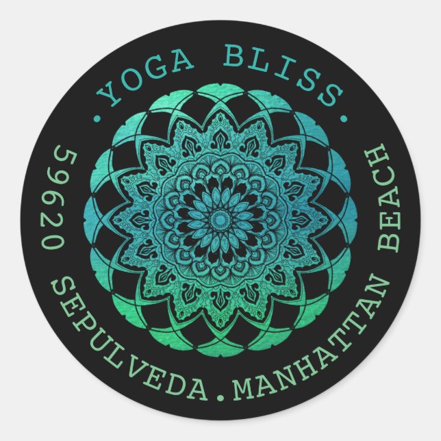 Black Turquoise Watercolor Mandala Address Label (Front)