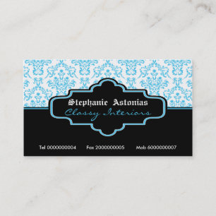 Black turquoise white damask interiors business card