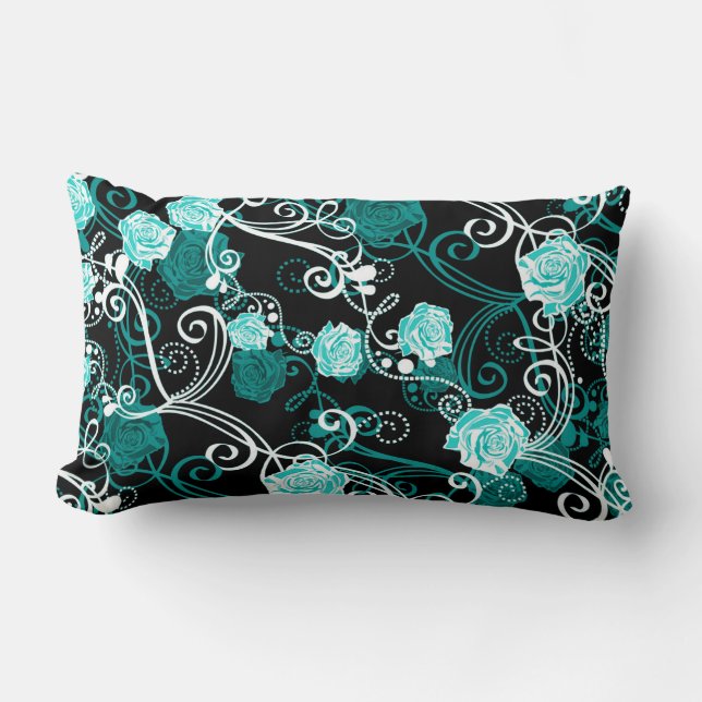 Black Turquoise & White Trendy Roses Lumbar Cushion (Front)