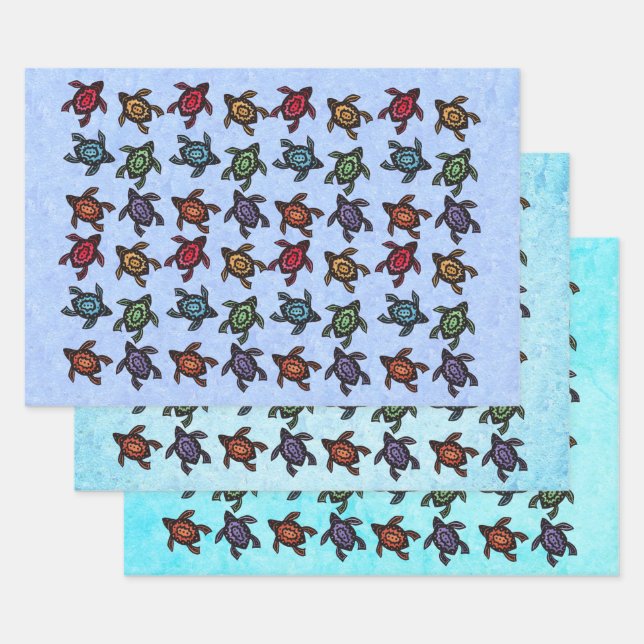 Black Turtles Abstract Colourful Markings on Shell Wrapping Paper Sheet (Set)