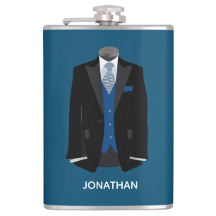 Black Tux with Blue Vest Personalise Wedding Hip Flask