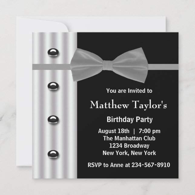 Black Tuxedo Bow Tie Mens Birthday Party Invitation (Front)