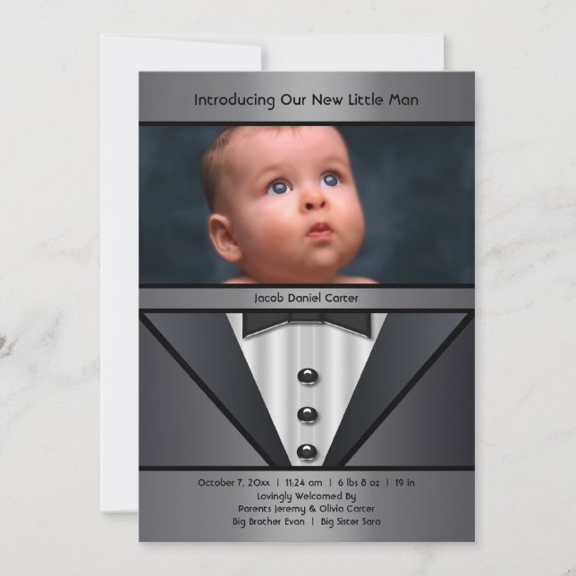 Black Tuxedo Boy Photo Birth Announcement (Front)