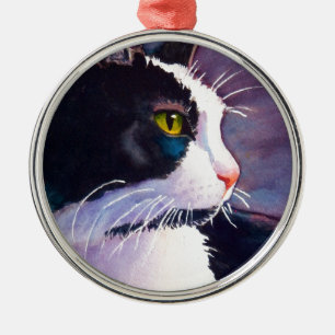 Black Tuxedo Cat in Stormy Mood Metal Tree Decoration