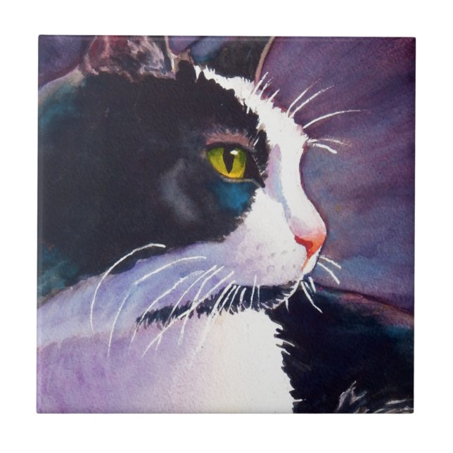 Black Tuxedo Cat in Stormy Mood Tile (Front)