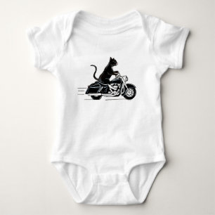 Black tuxedo cat riding a motorcycle baby bodysuit