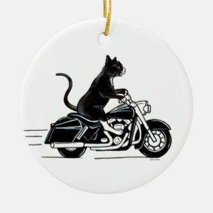 Black tuxedo cat riding a motorcycle ceramic tree decoration