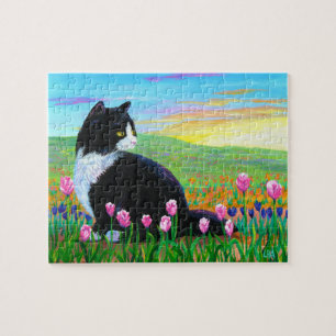 Black Tuxedo Cat Tulips Art Creationarts Jigsaw Puzzle
