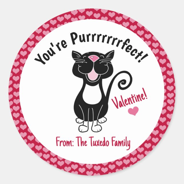 Black Tuxedo Cat Valentine's Day Red Hearts Classic Round Sticker (Front)