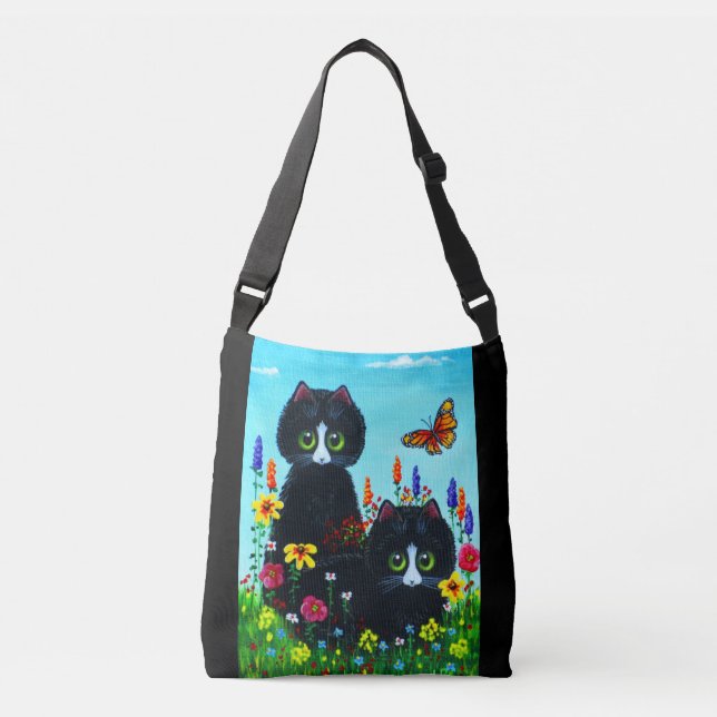 Black Tuxedo Cats and Colourful Flowers Crossbody Bag (Front)